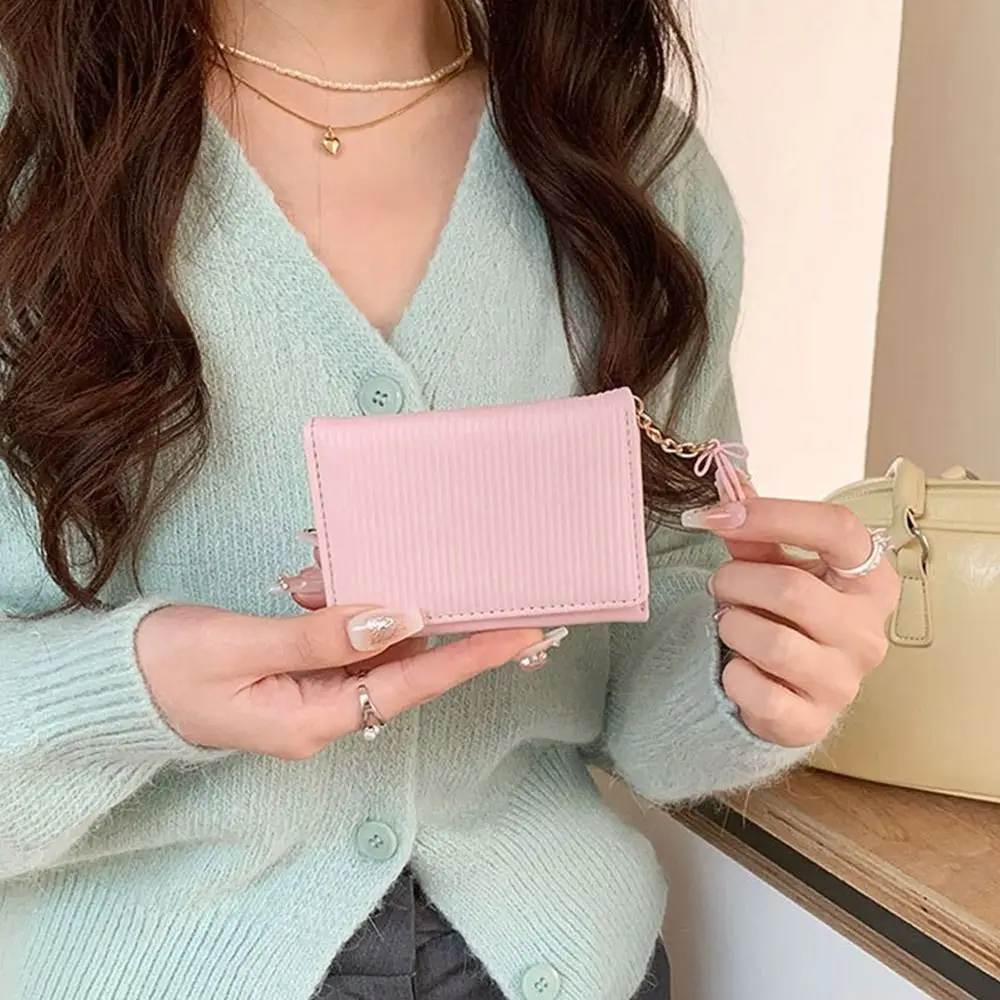 

Korean Solid Color Women's Wallet Pu Leather Ins Lady Wallet Minimalist Short Bow Pendant Purses Card Bag