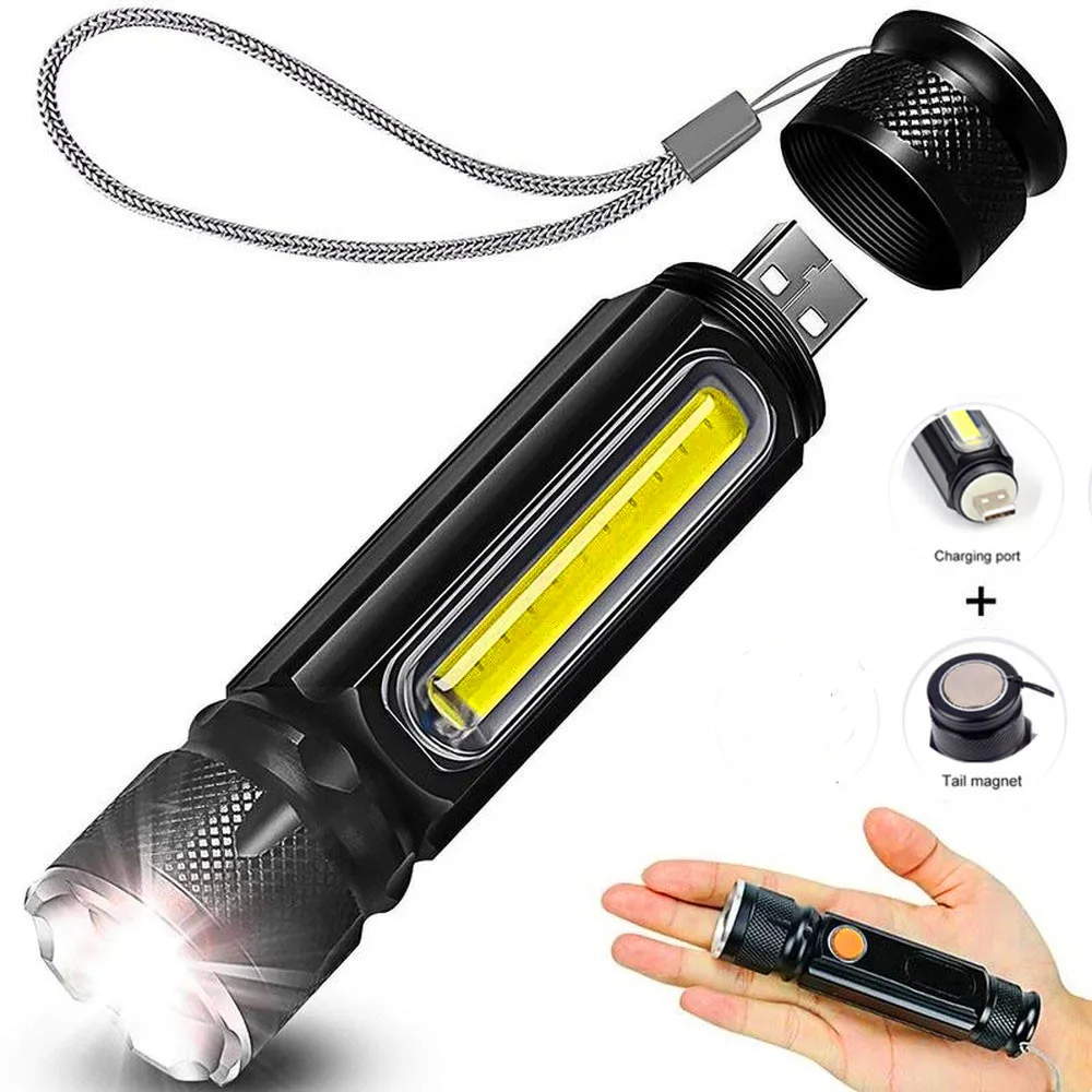 USB T6 Strong Light LED  Rechargeable Flashlight Magnetic Torch Lanter Zoomable Flashlight COB Zoom Highlight Outdoor Lighting