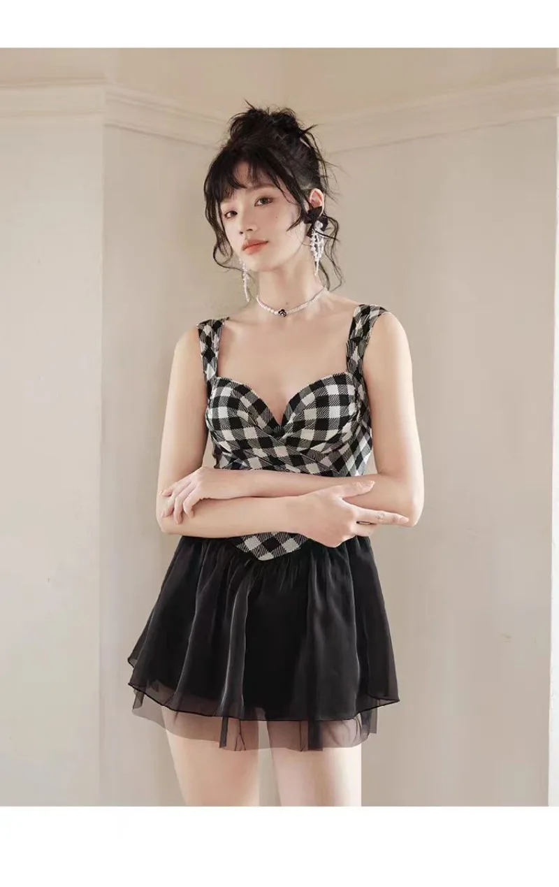 sexy Korean fashion conservative swimsuit one piece white black plaid patchwork mesh mini dress culottes bikinis padded swimwear