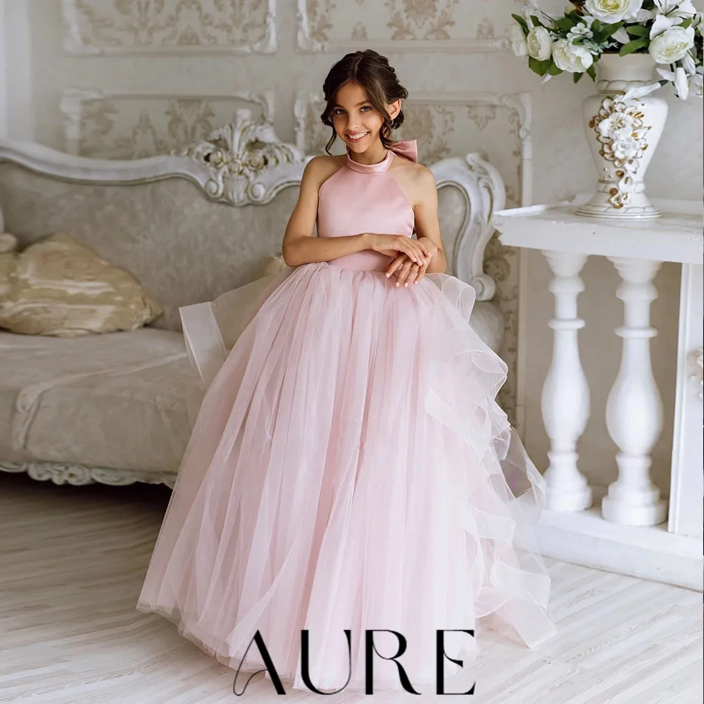 Aure Customized Pink Princess Flower Girl Dress Elegant  A-line O Neck Sleeveless Wedding Party Gown Floor Length Birthday Dress