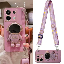 Crossbody Lanyard Astronaut Bracket Plating Case for Xiaomi Redmi Note 13 Pro Plus 4G 5G Silicone Cover