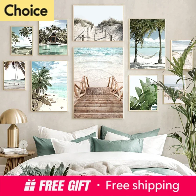 Póster de Lona con Diseño de Playa Tropical, Palmeras, Hojas de Plátano, Imagen Impresa de Escaleras de Chalet Vacacional, Pintura de Paisaje Marino de Verano para el Hogar