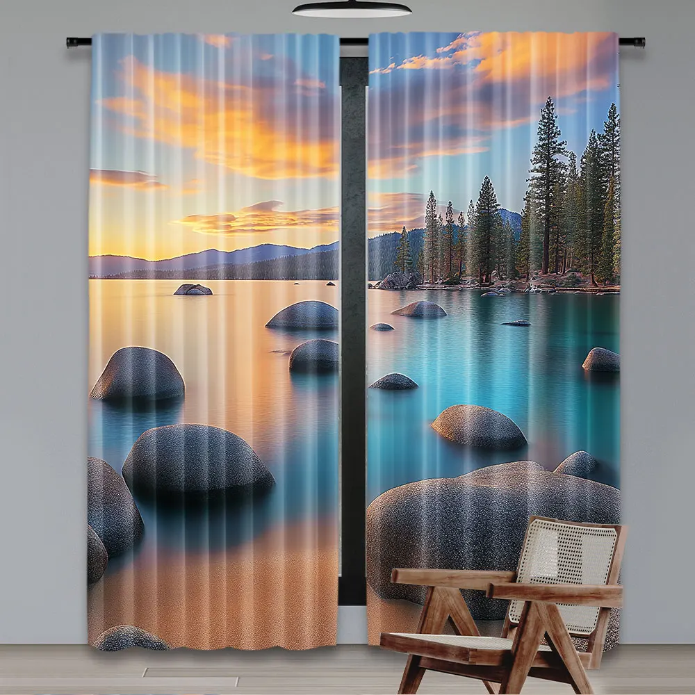 2Pcs Lake Curtain Horizon On Stoned Sea Sun Beams And Reflection Romantic Shore Coastal Suitable For Bedroom Living Room Dining