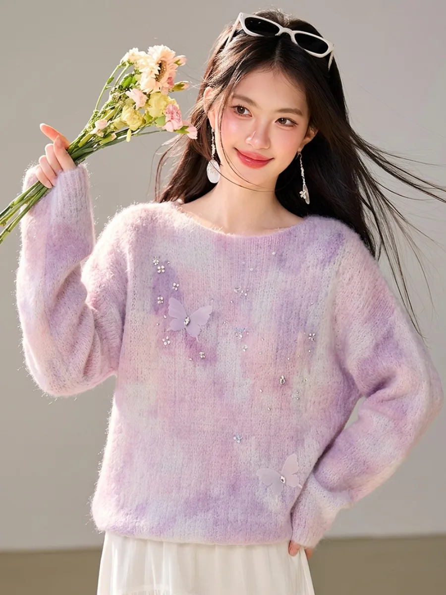 Sweet Soft Style Glitter  Gradient Knitted Sweater Women's Autumn New Super Cute Anti-Aging Knitwear Top