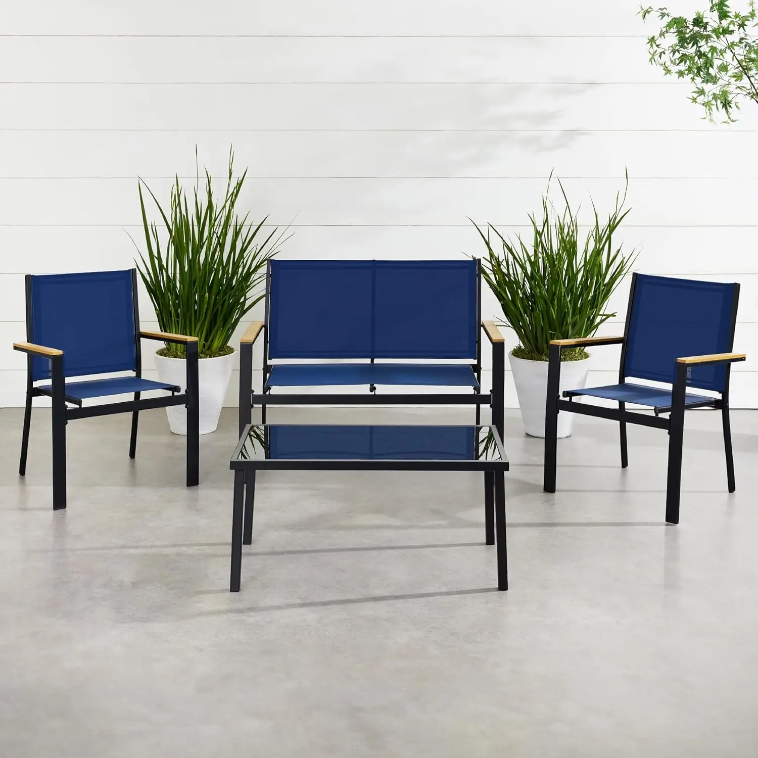 4-Piece Outdoor Textilene Patio Conversation Set, Backyard Furniture w/Loveseat, Coffee Table, Steel Frame - Black/Navy