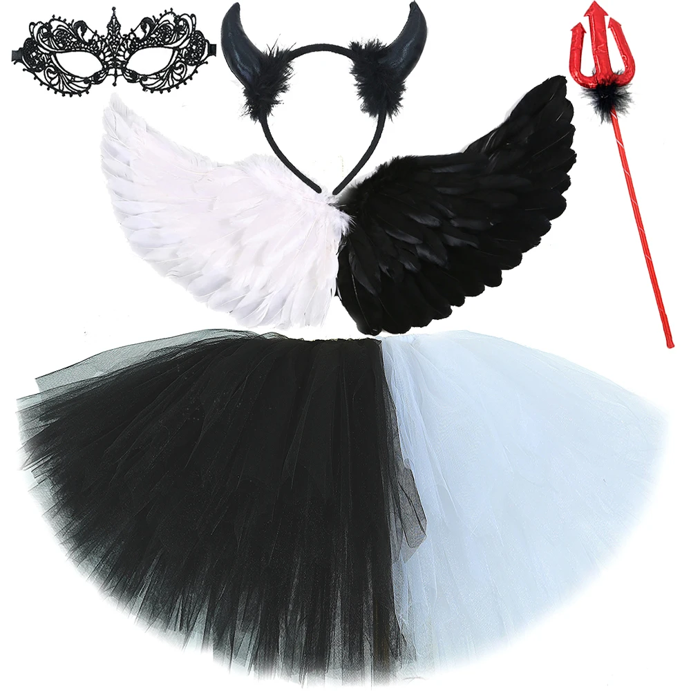 

Black White Demon Angel Tutu Skirt for Girls Halloween Dress Up Costumes Death Angel Outfit with Feather Wings Horns Fork 14T