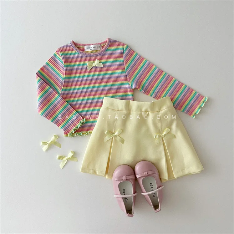 2024 Autumn New Baby Girl Cute Bow Pleated Skirt Solid Sweet Princess Skirts Cotton Infant Girls Short Skirts Kids Mini Skirts