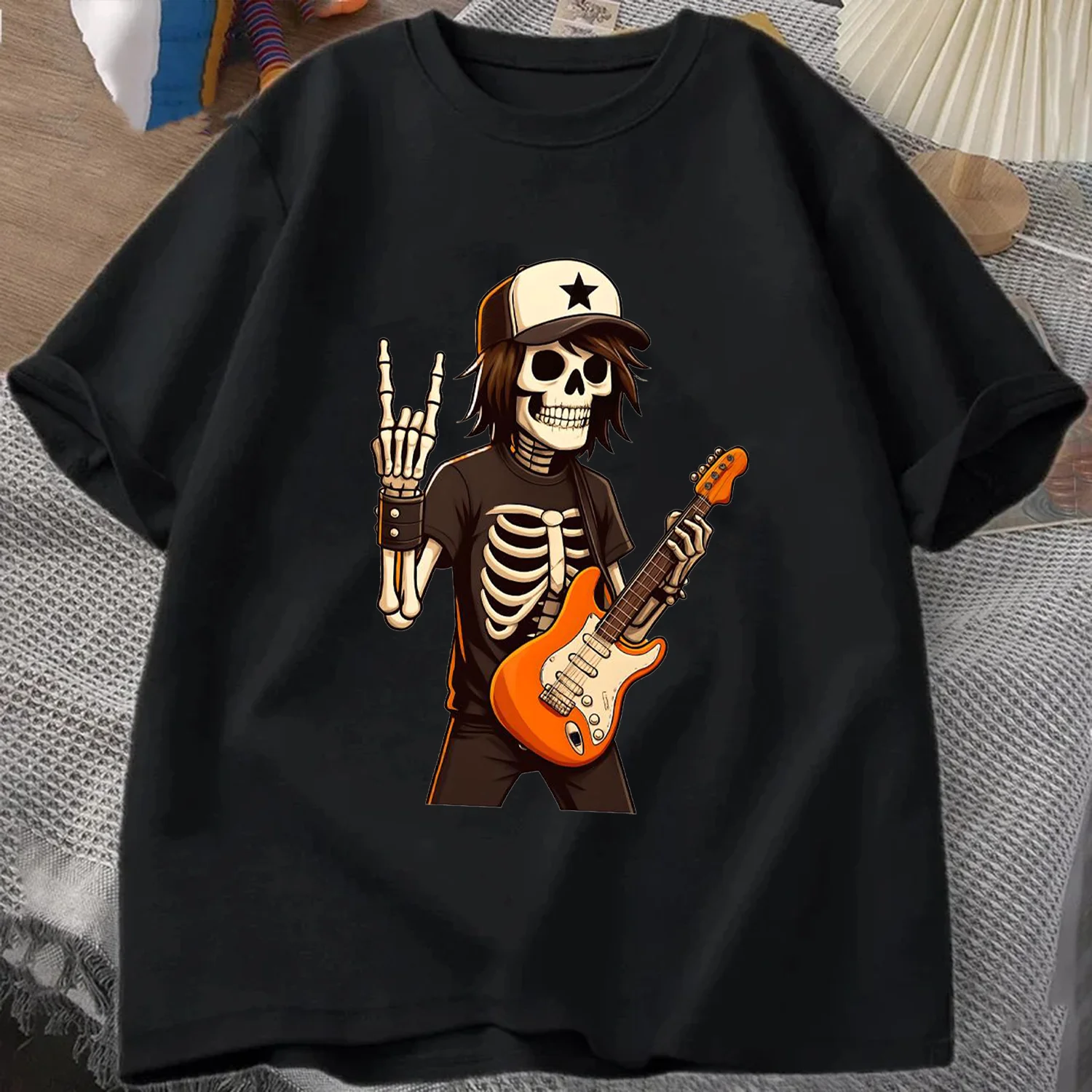 Cartoon Skeleton Rock Musiker T-shirt Sommer Herren T-shirt Musiker Sportswear Oansatz Kurzen ärmeln Casual Mode männer Kleidung