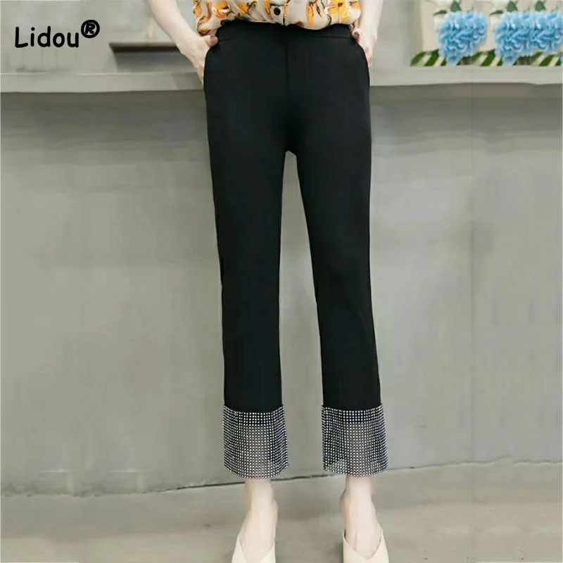 Letter Elastic High Waist Print Slit Western Cropped Pants Lady Spring Summer Versatile Heavy Industry Hot Diamond Slim Trousers