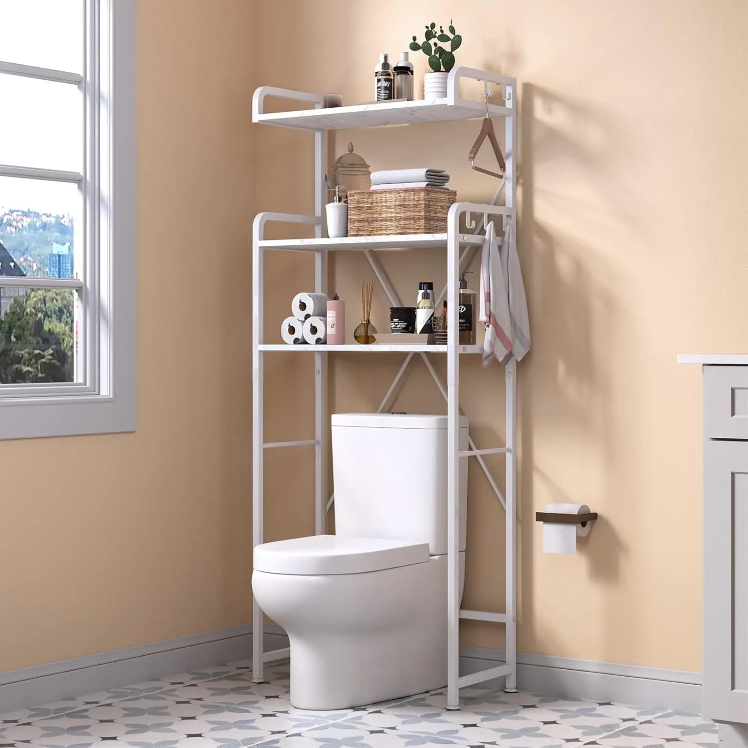 

Over The Toilet Storage Rack with 3-Tier Bathroom Shelves, Space Saver Toilet Shelf, Bathroom Storage Organizer with Hooks fo