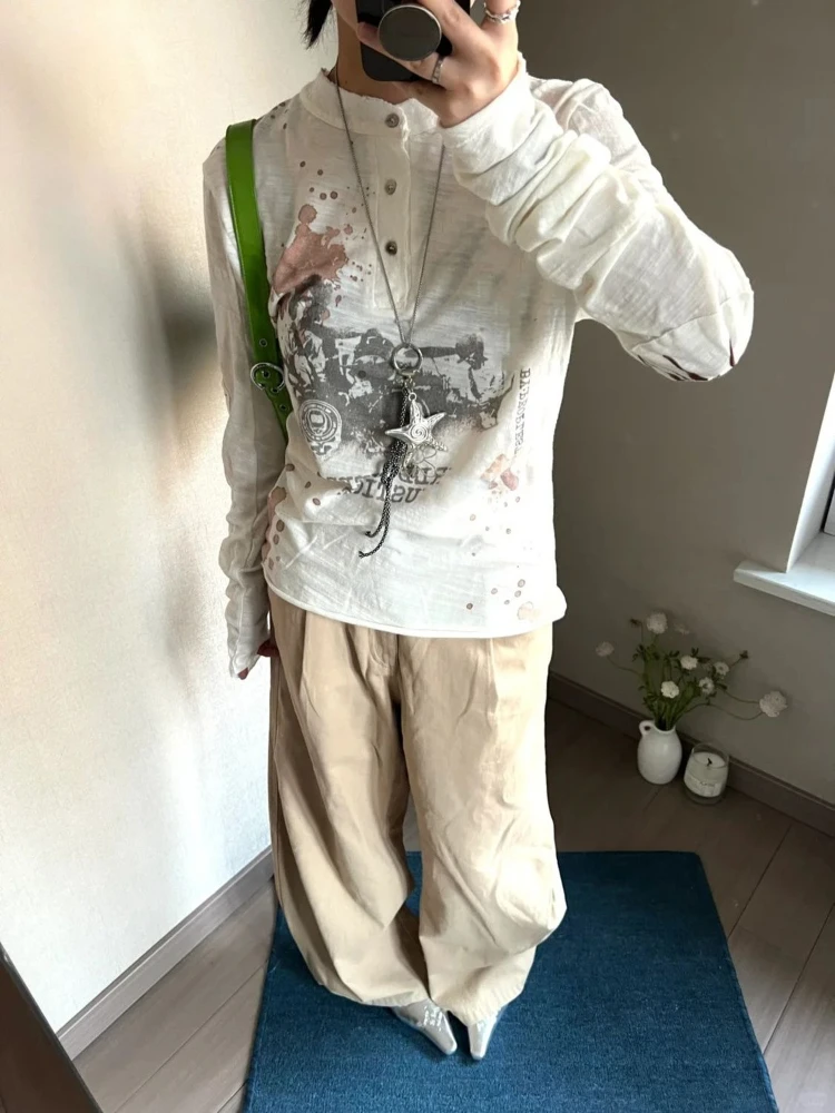 ثقافة فرعية ريترو الشارع الشهير كم طويل تي شيرت المرأة عادية الأمريكية خمر إلكتروني طباعة قمة سليم الشرير نمط 2025 الخريف