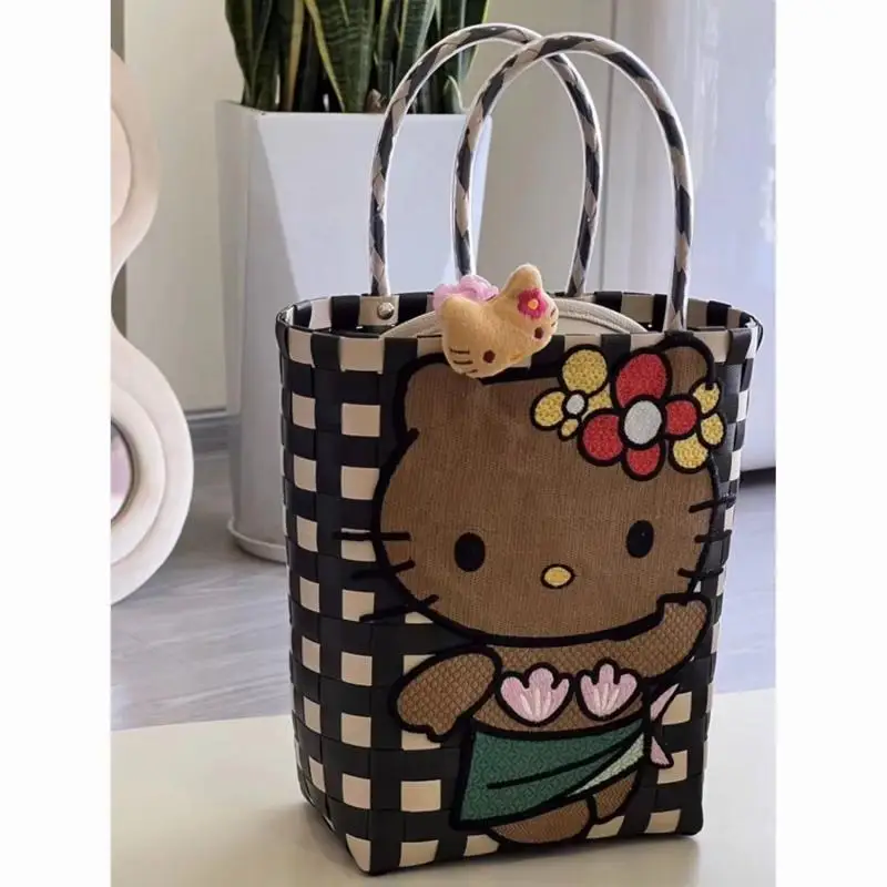 Hello Kitty Kawaii Sanrio Handbag Anime Cute Cartoon Handmade Woven Vegetable Basket Shoulder Bag with Messenger Bag Girl Toys