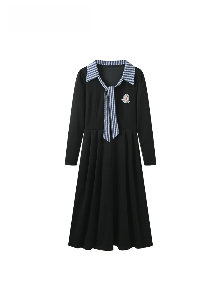 

Повседневное трикотажное платье миди с длинным рукавом для женщин больших размеров, весеннее, с завязками, в студенческом стиле, А-силуэт, с завышенной талией, из хлопка