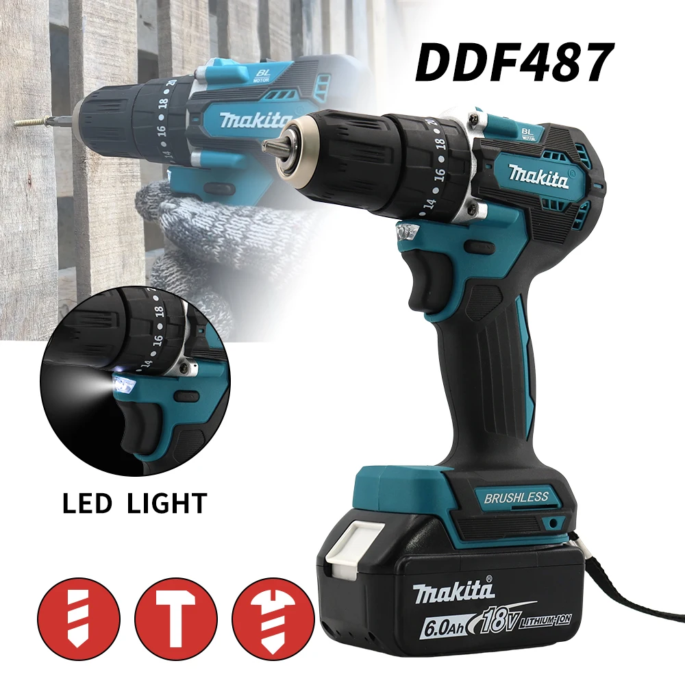 Makita DDF487 Rechargeable Cordless Electric Drill Brushless Electric Impact Screwdriver Power Tools 18V Battery Decoration Team