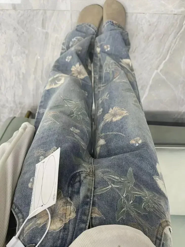 Amerikanischen Stil Neue Chinesische Stil Nationalen Trend Print Design Jeans Frauen Lose Gerade bodenlangen Wischen Lange Hosen