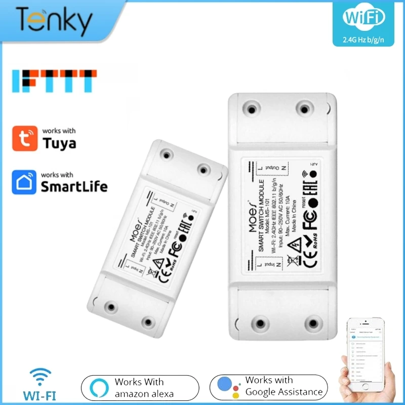 

Tenky 10A WiFi DIY Smart Switch Light Relay Module Tuya Smart Life APP Wireless Remote Control Work With Alexa Google Home