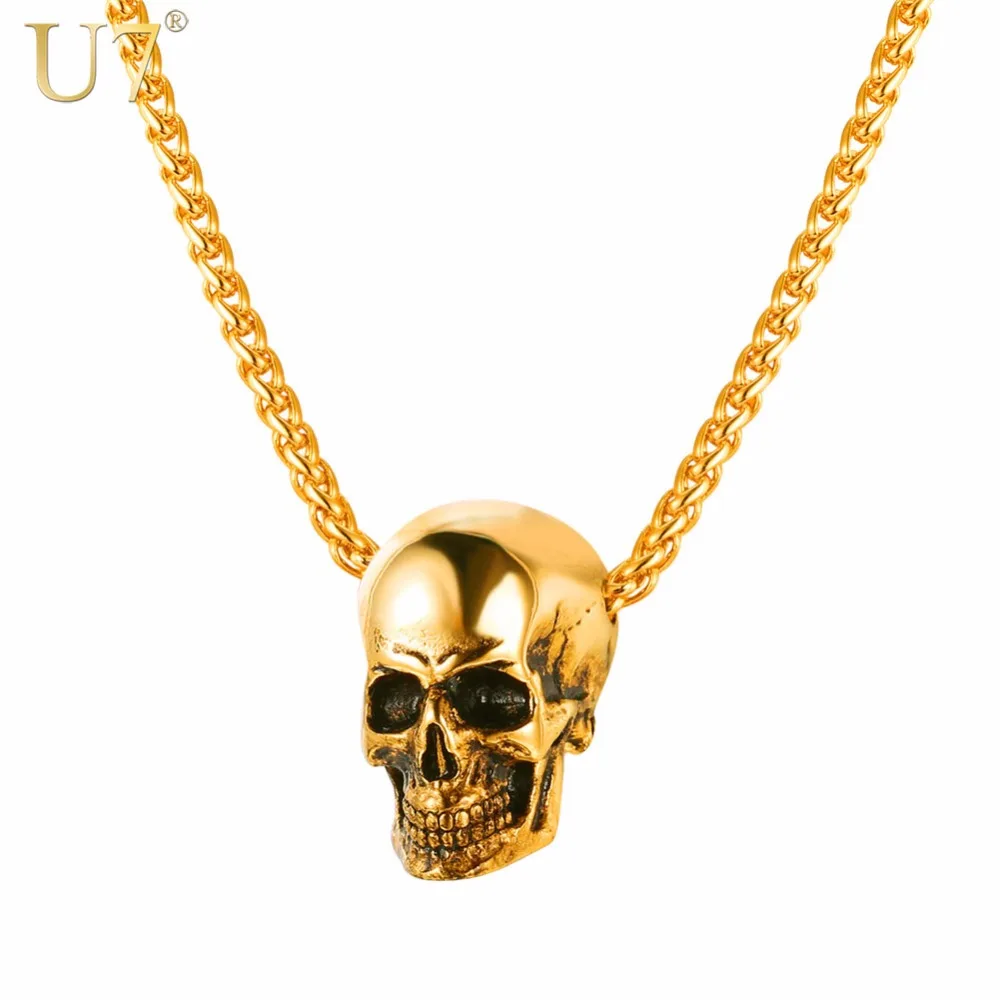 

U7 Skull Necklace Pendant Skeleton Men Gift Punk Retro Gothic Goth Stainless Steel Halloween Daily Jewelry