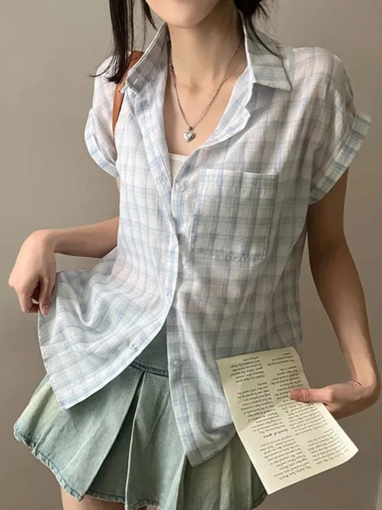 Summer Plaid Shirt Women's Chic Retro Turn-down Collar Short Sleeve Shirt Unique Elegant Open Cardigan Top Korean Sle Loose...