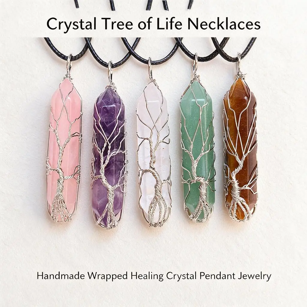 Handmade Wire Wrapped Tree Of Life Natural Gemstone Hexagonal Point Pendant Necklace Crystal Chakra Jewelry Gift For Women Men