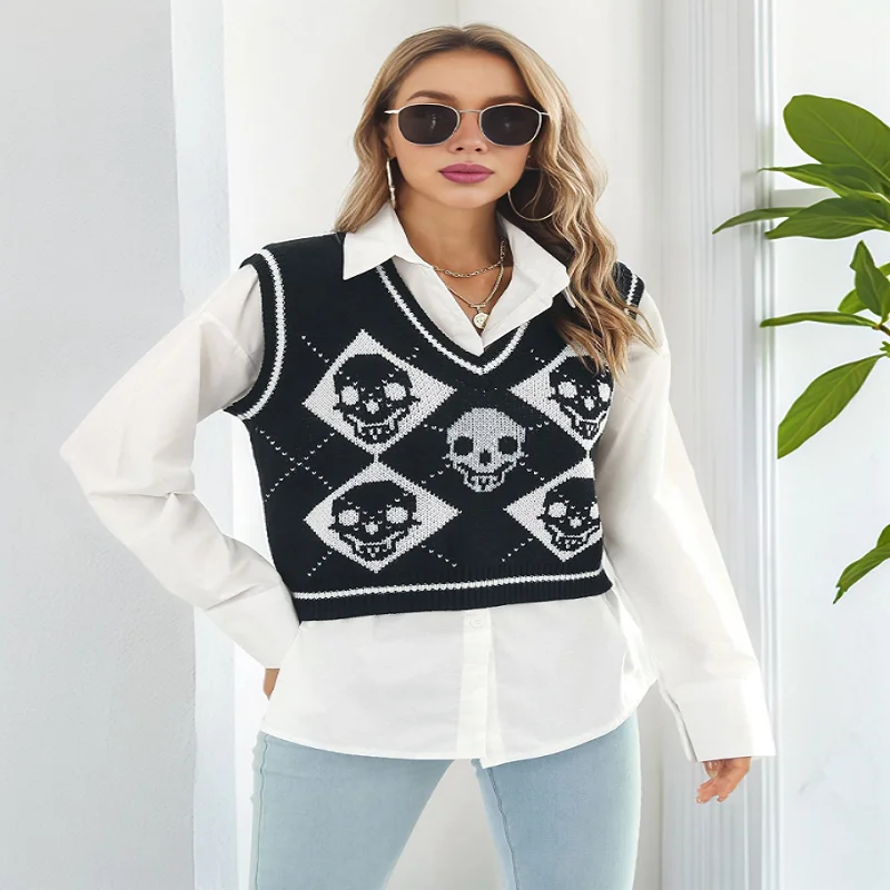 

Halloween Skull Jacquard Knitted Sweater Women's V-Neck Sleeveless Vest Autumn Fashion All Match Pullover Tops Y2k Clothes