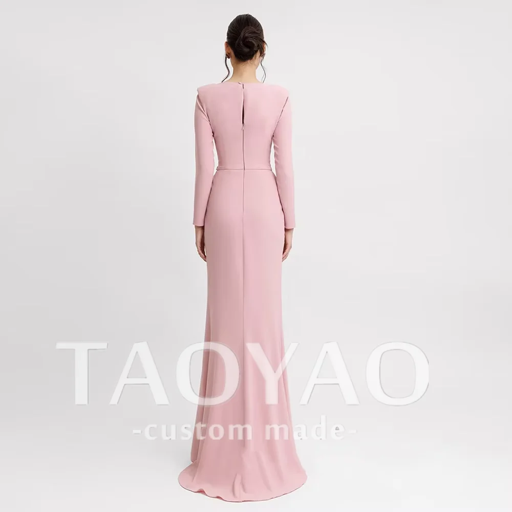 Customized Pink Mermaid Evening Dress Party Gown Long Sleeves Pleated O-Neck Beads Formal Occasion Dress Prom Gown For Women