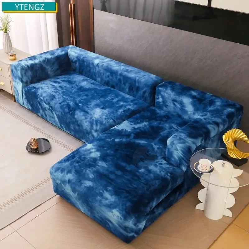 Tie-dye Velvet Sofa Cover Elastic L Shaped Corner Sofa Covers for Living Room 1/2/3/4 Seat Stretch Cover for Sofa Couch Armchair