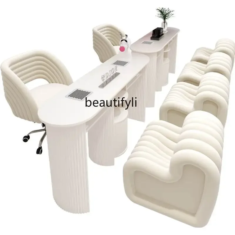 Juego de mesa y silla para manicura estilo crema, combinación de aspiradora integrada de alta potencia, sin fugas, mesa y silla para manicura gris