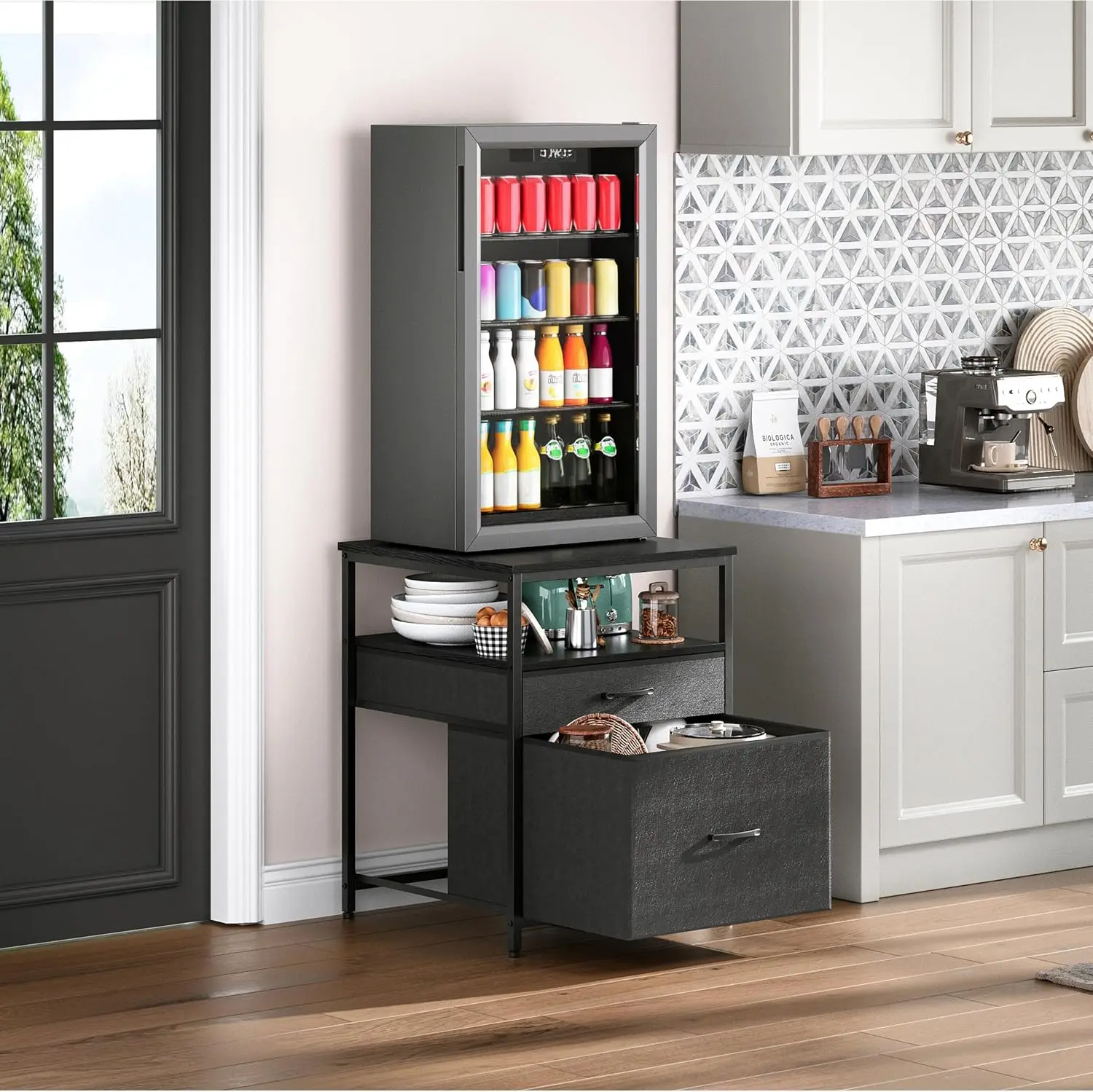 Mini Fridge Stand With Storage Drawers, Heavy Duty Small Refrigerator Cabinet Table, Raised Beverage Fridge Stand Holder, Space Saving Multi Tier Organizer Shelf For Dorm Office Bedroom, Black
