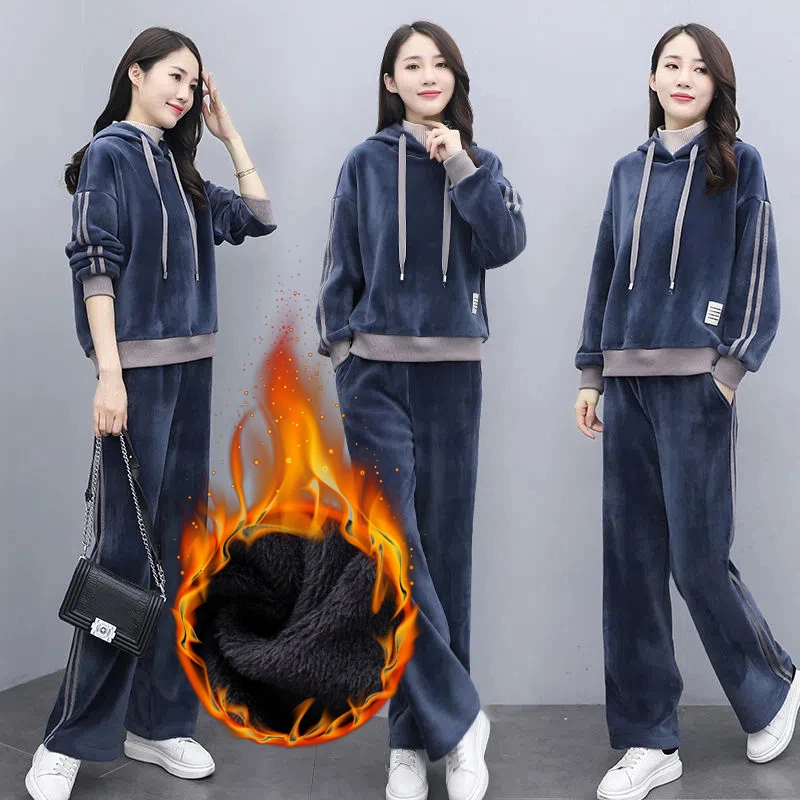 Winter Velvet 2 Pieces Sets Hooded Plush Lined Patchwork Collar Tops Ensemble Thick Baggy Wide Leg Pant Suits Korean Warm Outfit