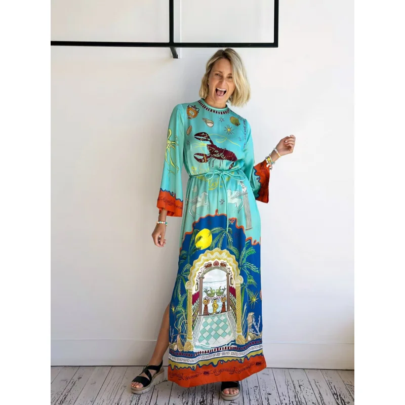 

2025 New Temperament Leisure Satin Fashion round Neck Long Sleeve Printed Lace-up Women's Clothing Dress C001