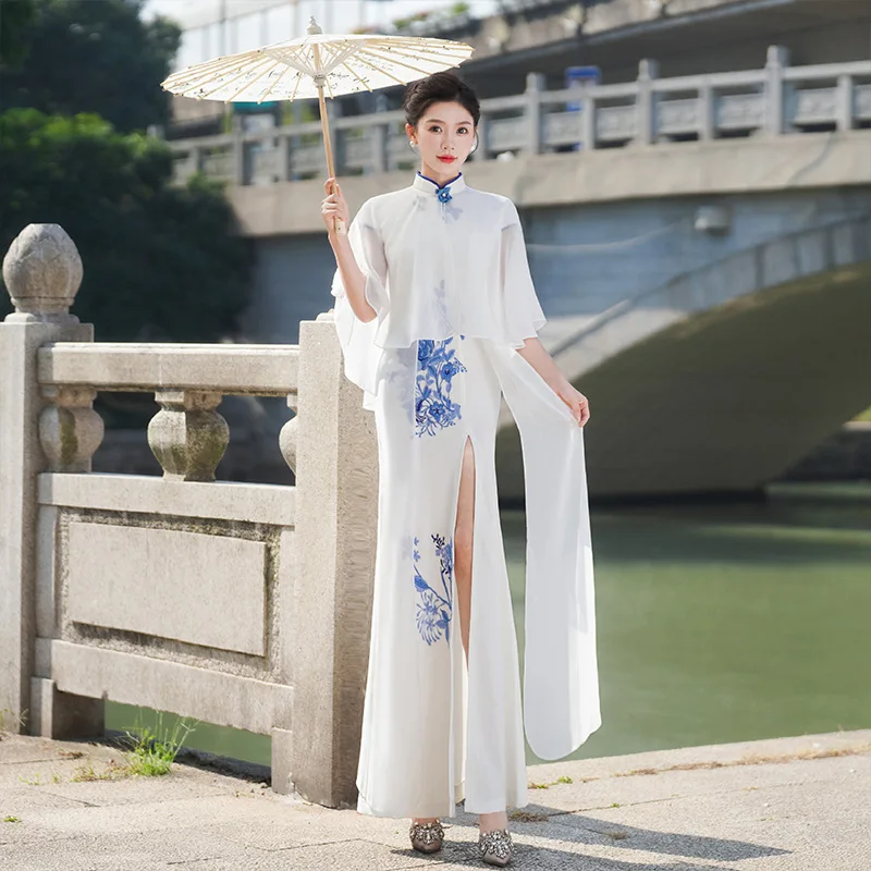 

Women Sexy Slim Long Cheongsam Satin Appliques Evening Party Dress Chinese Style High Split Qipao Elegant Mandarin Collar Dress