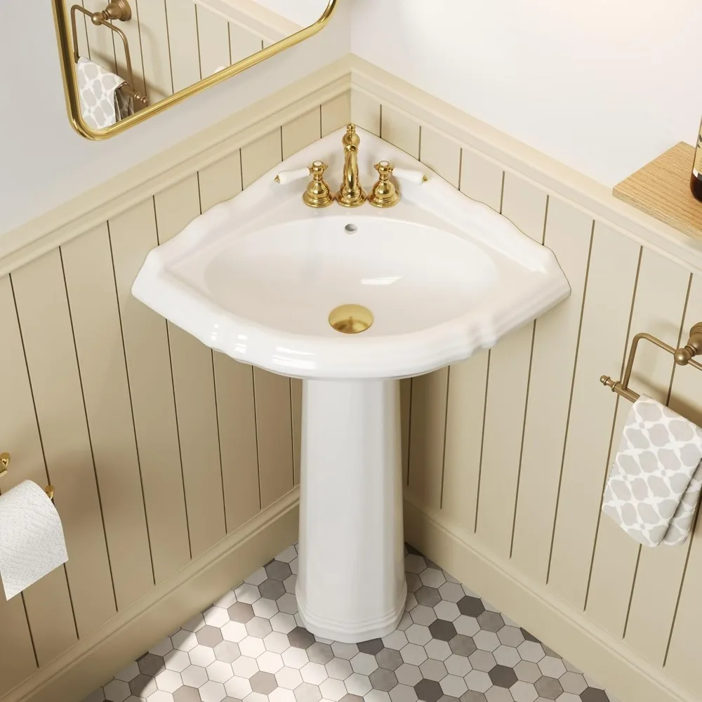 

Triangular Corner Pedestal Bathroom Sink in White, with Overflow and Pre-Drilled 4" Centerset Faucet Holes