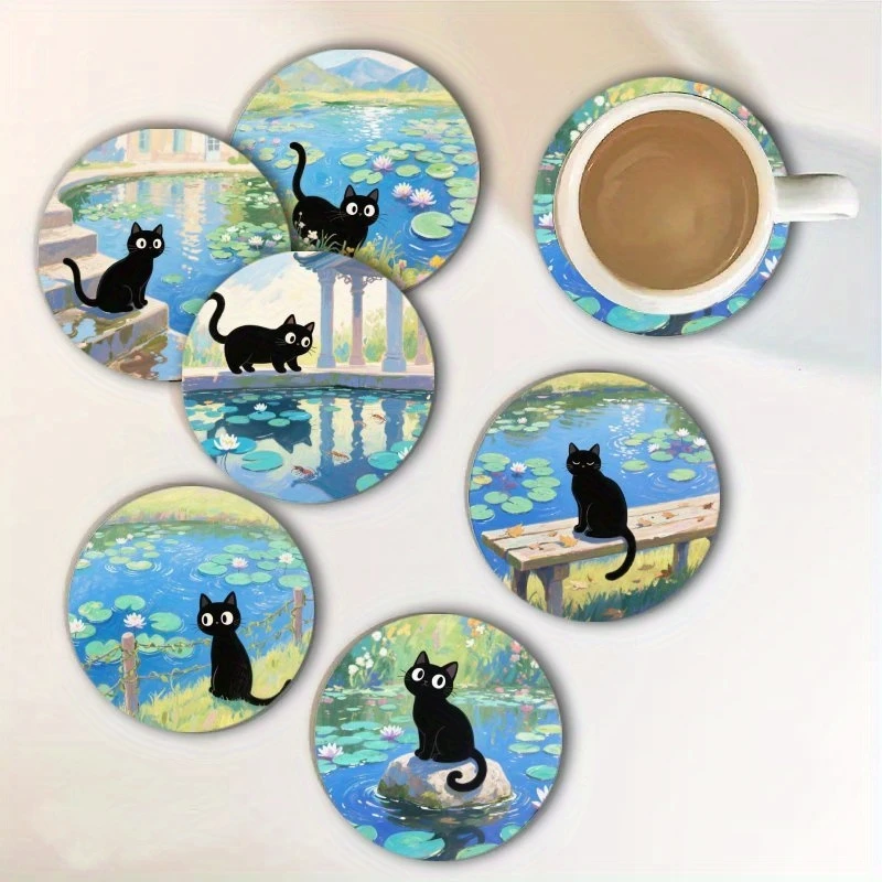Black Cat Lotus Cartoon Wooden Coaster Cute Dreamy Style Home Dining Table Cafe Tabletop Decoration Round Coaster Catlover Gifts