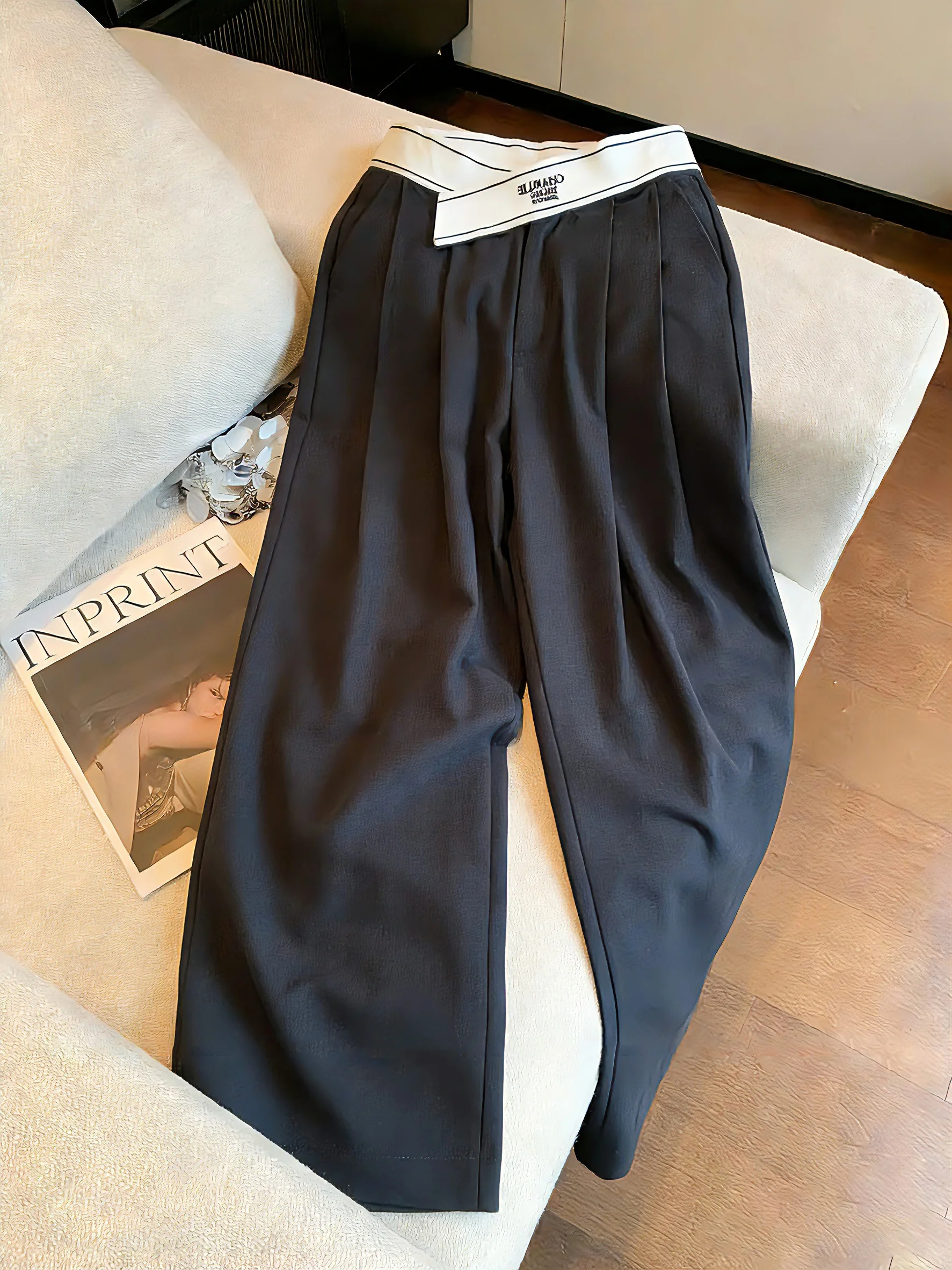 

Женские брюки с высокой талией и широкими штанинами, повседневные, в стиле кэжуал, весна-осень, простые, ретро, свободного кроя, прямые, из полиэфирного волокна