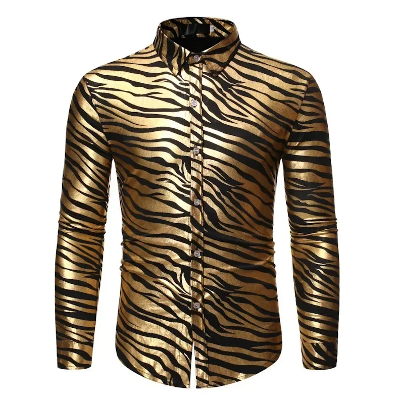 Multicolor Fashion Cool Sequins Stamping Dance Camisas De Hombre 2025 Disco Nightclub Stamping Wave Pattern Gold Men's Shirts