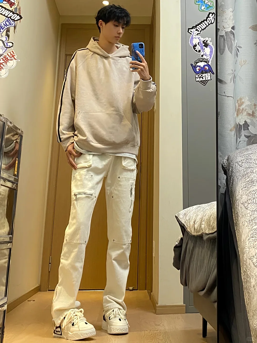 American High Street Vibe Men's Casual Pants Side Zipper Workwear Sle Slim Straight Long Trousers Wear Resistant Cotton Blend