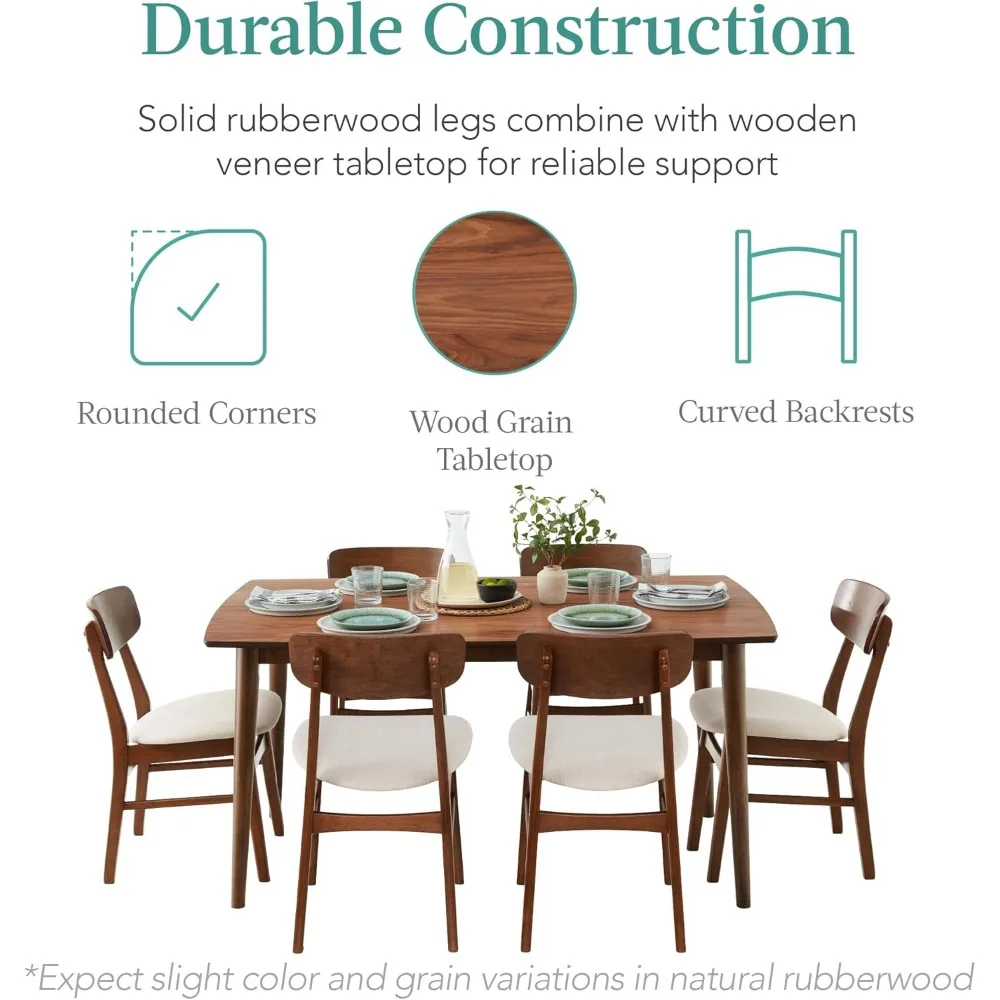 طقم طعام خشبي حديث مكون من 7 قطع في منتصف القرن مع 6 كراسي منجدة وطاولة مطبخ