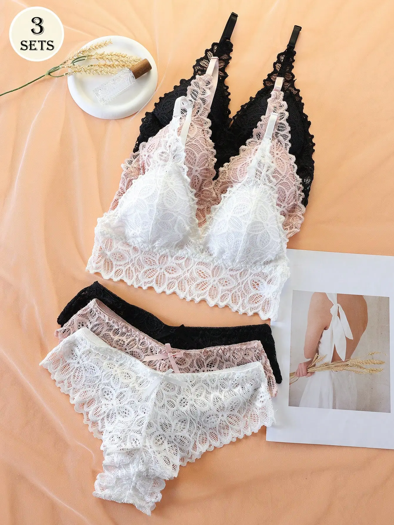

3 Sets Women's Lace Bra and Panty Set, Delicate Floral Pattern, Soft Comfort Fit, White Pink Black