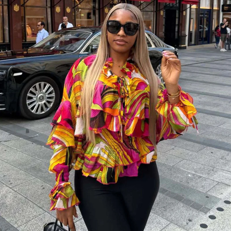 Neues Design Afrikanische Mode Damenbluse Bedruckt Langarm Schlanke Taille Rüschen Patchwork Freizeit-Oberteil