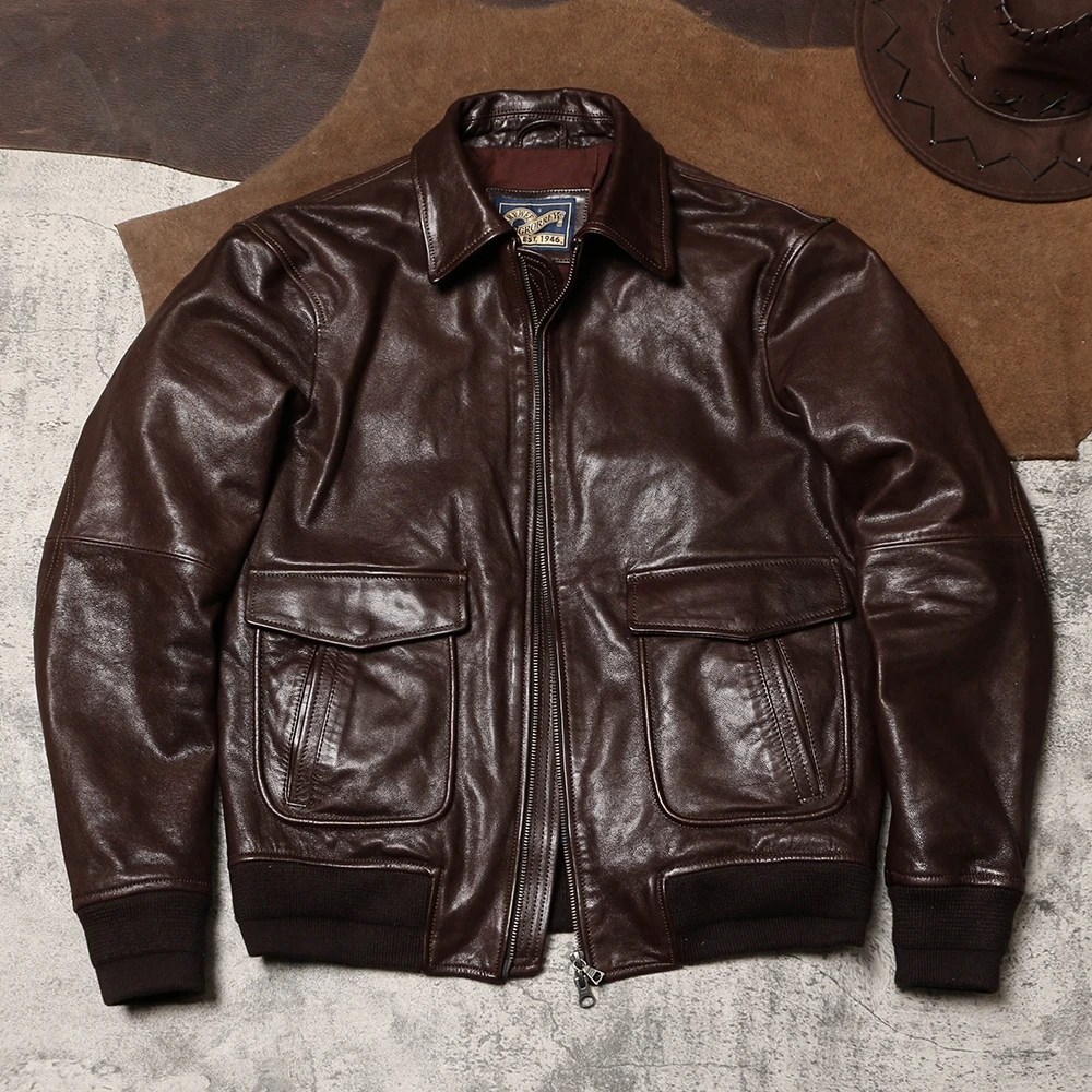 Black Autumn Pilot Leather Jacket Men Military Style Plus Size 5XL Natural Sheepskin A2 Aviation Genuine Leather Coat