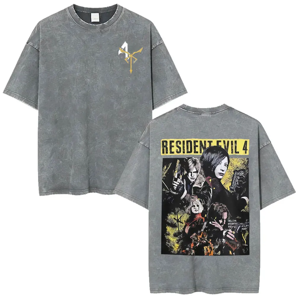 Limited Leon Kennedy Washed T Shirt Resident Evil Requiem Gamer Gift T-shirts Men Women Retro Gothic Casual Short Sleeve T-shirt
