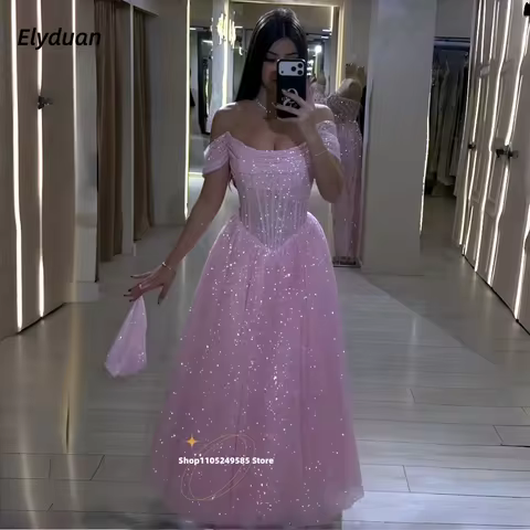 Shiny Pink Tulle Prom Dress Ankle-Length Sequin Glitter A-Line Party Dress Off-Shoulder Princess Evening Gowns Customized