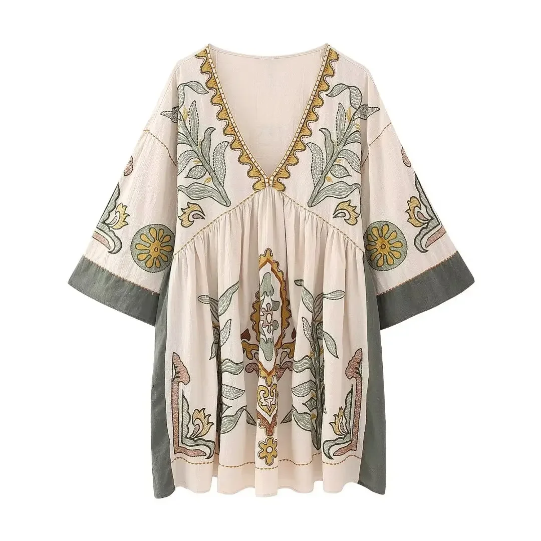 Women Dress Summer Linen Embroidery V-Neck Dress Casual Female Flare Three Quarter Sleeve Knee Length Leisure Dresses