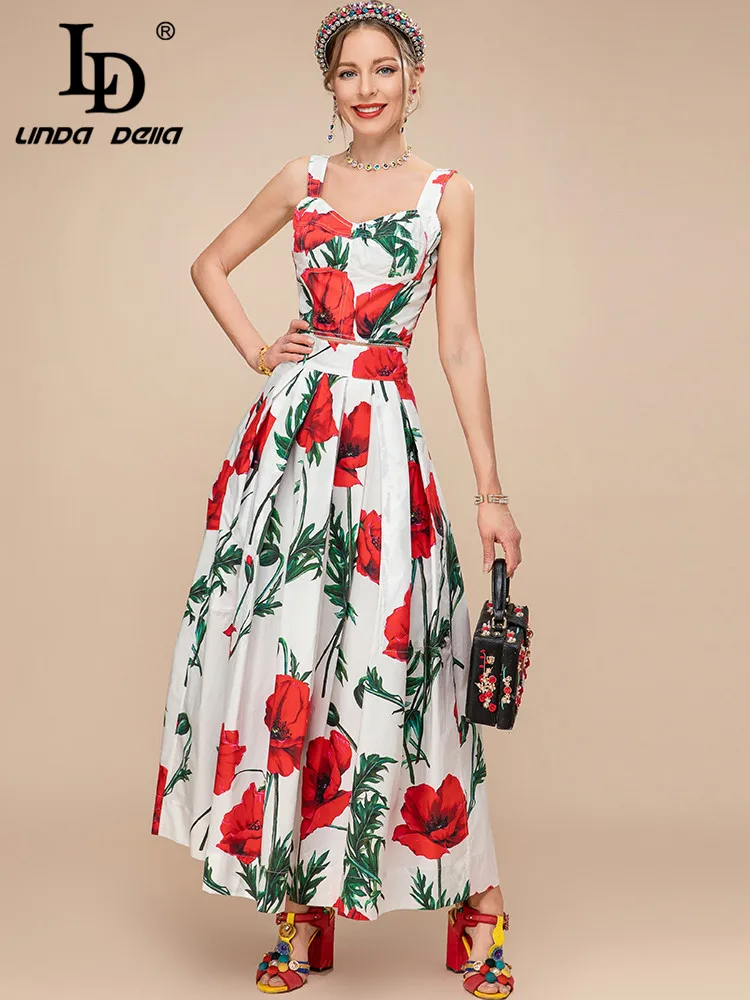 LD LINDA DELLA 2023 New Summer Print Cotton Skirt 2 Pieces Set Women Spaghetti Strap Short Vest＋Floral Holiday Midi Skirts Suit