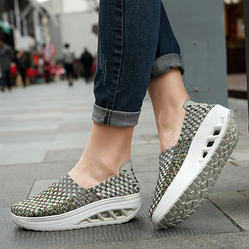 2023 Summer Women Sneakers Fashion Woven Breathable Platform Wedges Shoes Slip on Lightweight Thick Bottom Female Casual Shoes