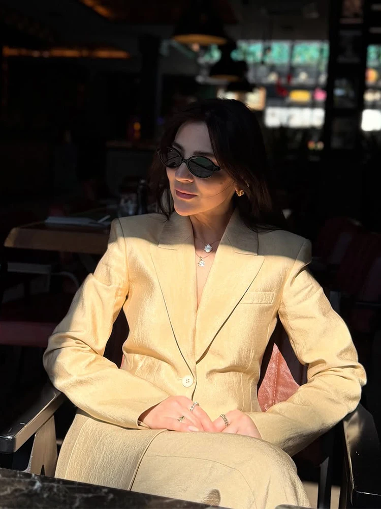 Abrigos de dos botones con solapa de manga larga para mujer, chaqueta holgada con bolsillo plisado liso elegante, traje para señora nueva, ropa de abrigo Formal para oficina de otoño