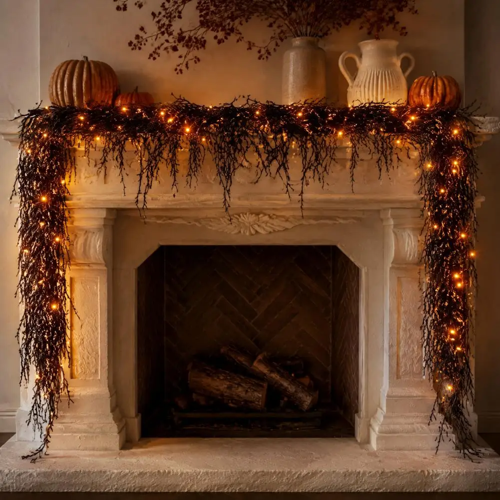 Artificial Rattan Vine Decor Halloween Branch Garland Halloween Vine Garland with Led Lights Waterproof Faux Black for Mantle