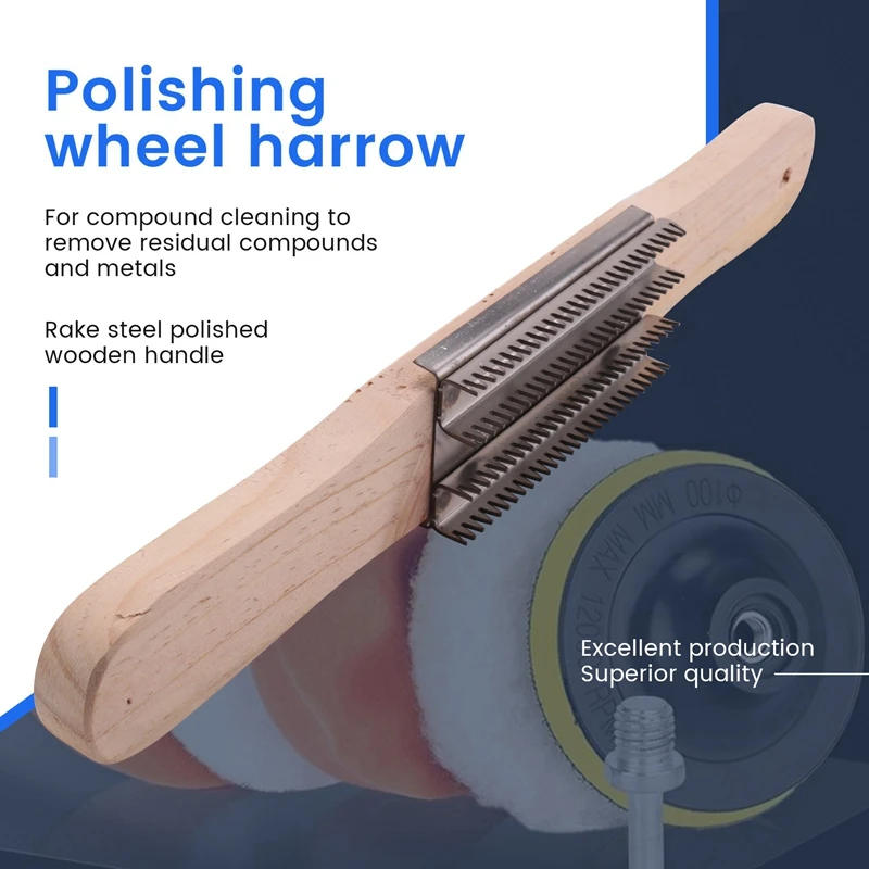 15Inch Buffing Wheel Rake For Compound Cleaning,Removing Residual Compounds And Metal,Rake Steel Polishing Wooden Handle