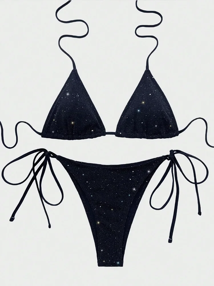 Summer Swimwear Bikinis Set Sexy Laced Up Sequins Bikini 2 Piece Set Women Solid Split Swimsuit High Waist Beach Bikini