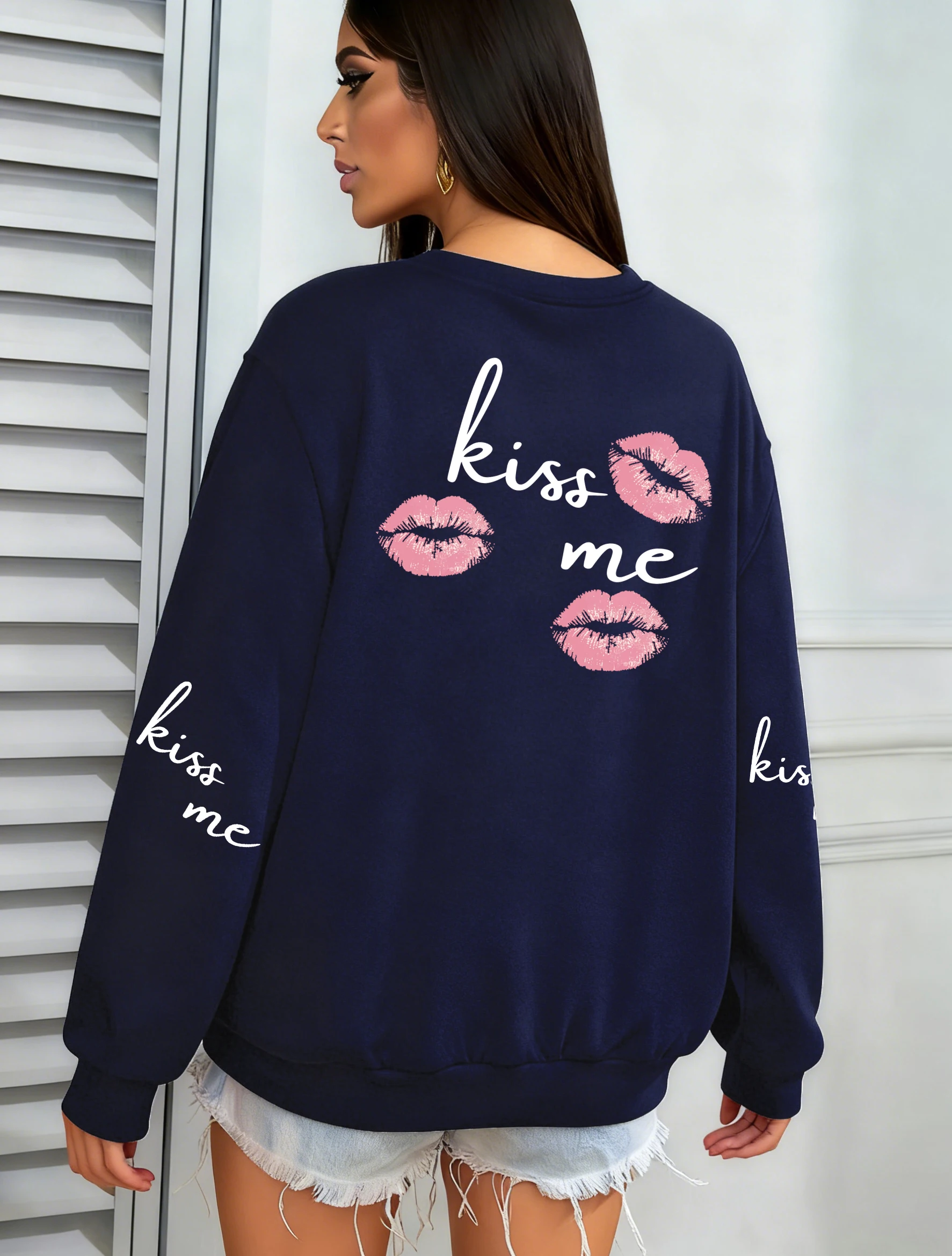 

Женский свитшот с принтом «Поцелуй меня, красные губы», повседневный пуловер с круглым вырезом Y2K, осенняя уличная одежда для бега, свободная флисовая женская одежда